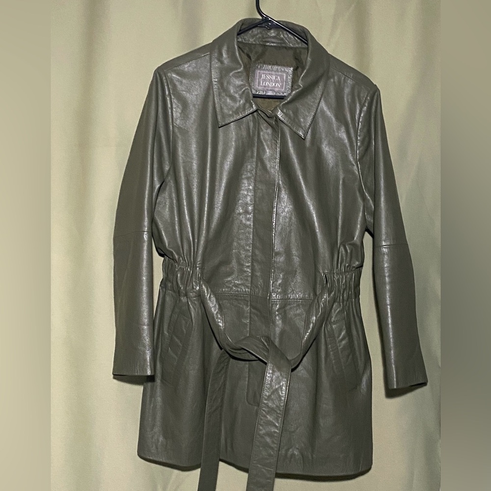 Jessica London Clinched Waist Leather Outerwear Jacket Coat Green Women’s 18W